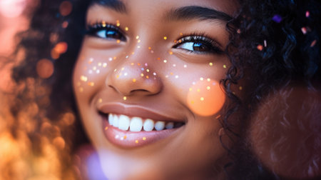 A woman with a bright smile and gold glitter on her face, AIの素材