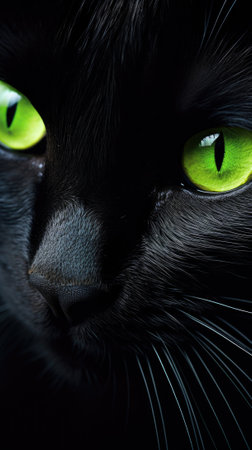 A close up of a black cat with green eyes, AIの素材