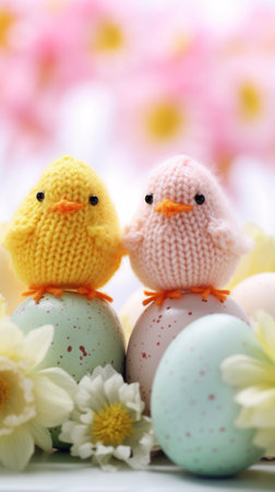 Two small knitted birds sitting on top of colorful eggs, AIの素材