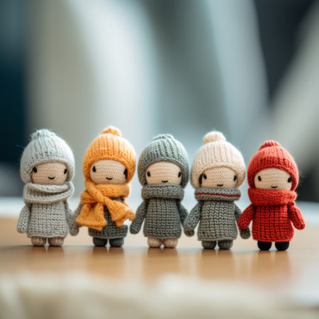 Five small knitted dolls are standing in a row, AIの素材