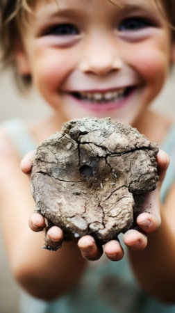 A young boy holding a piece of dirt, AIの素材