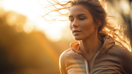A woman running in the sun with her hair blowing, AIの素材
