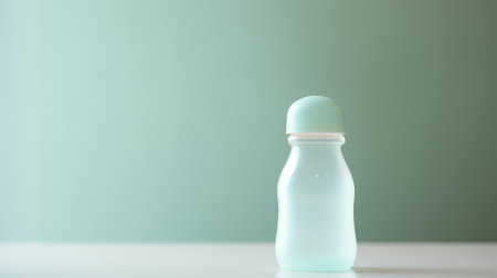 A baby bottle with a green lid sitting on top of the table, AIの素材