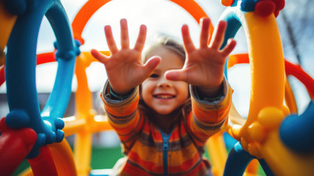 A young girl is playing in a colorful playground, AIの素材