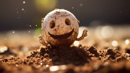 A small egg with a smiley face sitting in the dirt, AIの素材