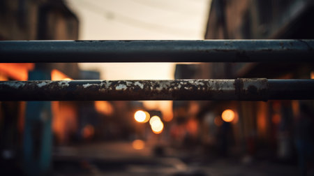 A close up of a metal pole with street lights in the background, AIの素材