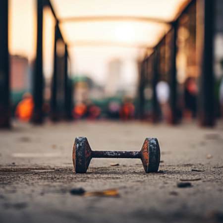 A rusty dirty dumbbell is sitting on the ground in front of a building, AIの素材