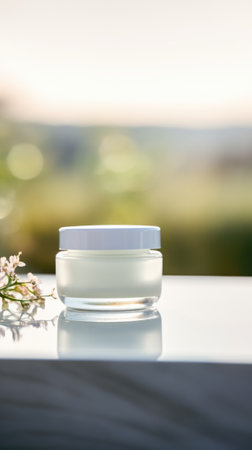 A jar of cream on a table with flowers, AIの素材