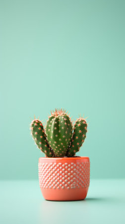 A small cactus plant in a pot on a turquoise background, AIの素材