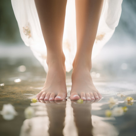 A womans bare feet in the water with flowers, AIの素材