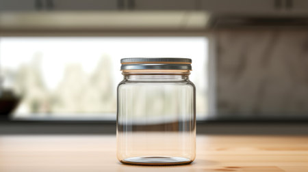 An empty glass jar on a wooden table with kitchen in the background, AIの素材