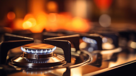 Close up of gas stove with flames in background, AIの素材
