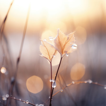 A single leaf is standing in front of a field with water droplets, AIの素材