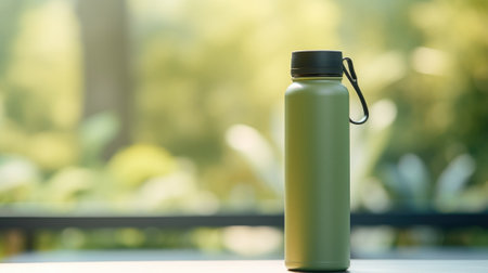 A green water bottle sitting on a table in front of trees, AIの素材