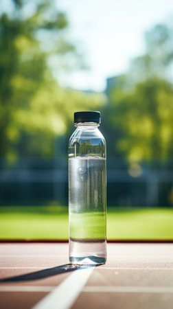 A bottle of water sitting on a running track, AIの素材