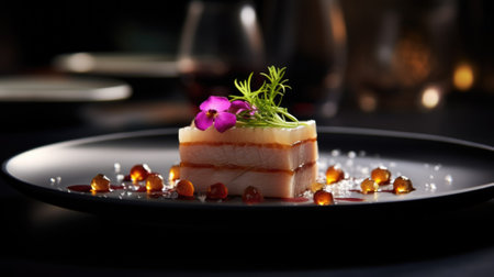 A piece of meat on a plate with garnishes, AIの素材