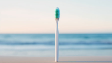 A toothbrush on the beach with a blue sky, AIの素材
