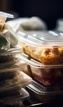 A stack of plastic containers with food inside, AIの素材