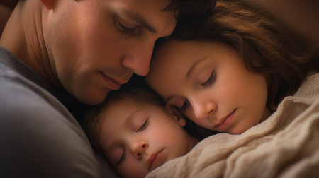A man and woman are sleeping with their children, AIの素材