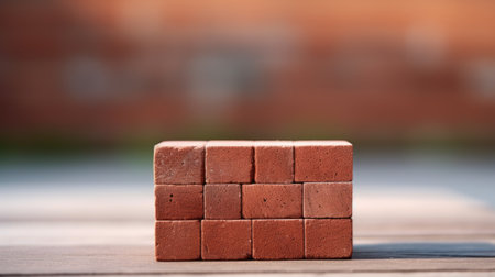 A red brick cube sitting on a wooden table, AIの素材