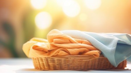A basket with folded clothes on a table, AIの素材