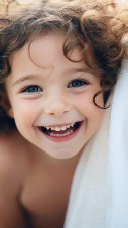 A young child with curly hair is smiling, AIの素材