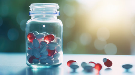 A bottle filled with red and white pills, AIの素材