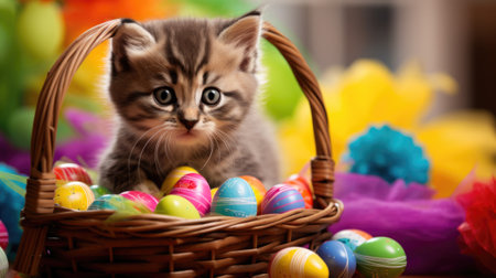 A kitten is sitting in a basket with colorful eggs, AIの素材