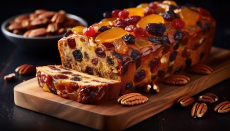 Fruit cake with pecans and raisins on a wooden board, AIの素材