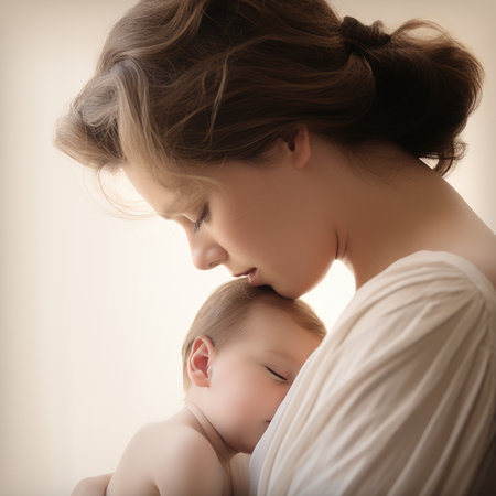 A woman holding her baby while looking at the camera, AIの素材