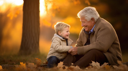 An older man and a young boy sitting on the ground in autumn, AIの素材