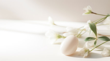 A white egg on a table with flowers, AIの素材