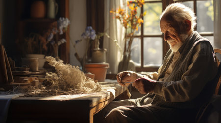 An elderly man sits at a table with yarn, AIの素材