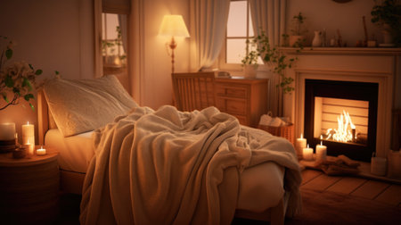 A bed with a blanket and candles in front of the fireplace, AIの素材