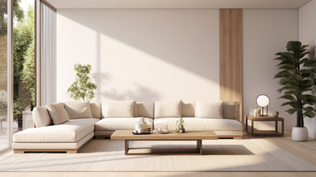 A modern living room with large windows and a couch, AIの素材