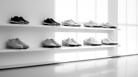 White shoes on a shelf in an empty room, AIの素材