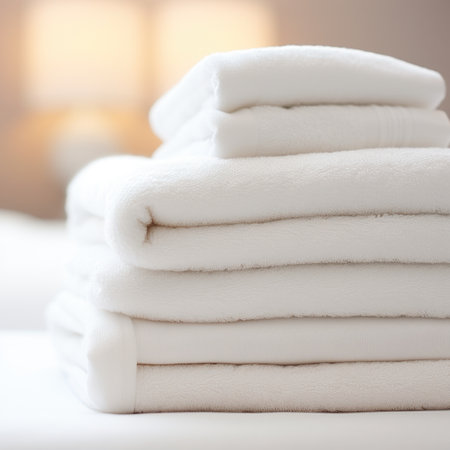 A stack of white towels on a bed, AIの素材