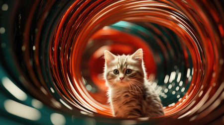 A cat is sitting in a spiral of red and orange tubes, AIの素材