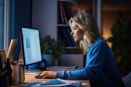 A woman is sitting at a desk in front of a computer screen, AIの素材