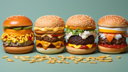Five hamburgers with different toppings, AIの素材