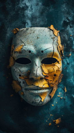 A broken mask with yellow leaves on it, AIの素材