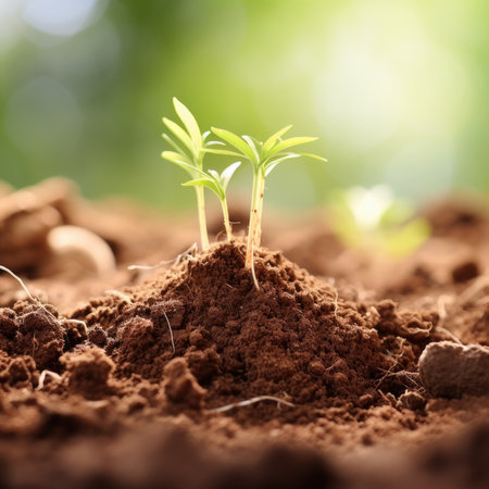 Small plants sprout from the soil in the foreground, AIの素材