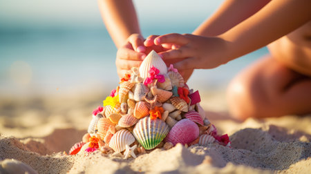 A children building a sand castle with shells, AIの素材