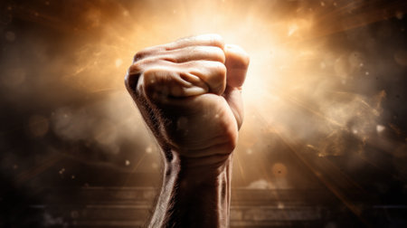 A fist is raised up in the air with a bright light behind it, AIの素材