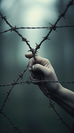 A person holding onto a barbed wire fence, AIの素材