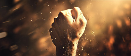 A protesting fist reaching up to the sky with a light shining on it, AIの素材