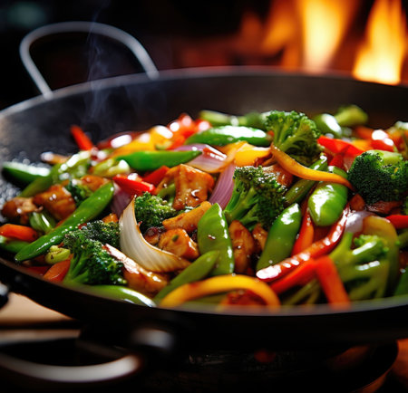 A wok filled with food cooking on a stove top, AIの素材