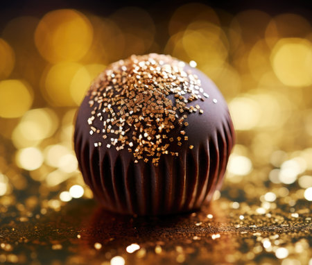 A chocolate ball with gold glitter on a shiny surface, AIの素材