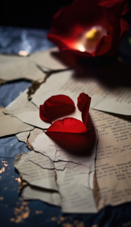 Broken heart and red rose on old paper, AIの素材