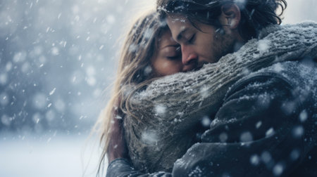 A man and woman embrace in the snow, AIの素材